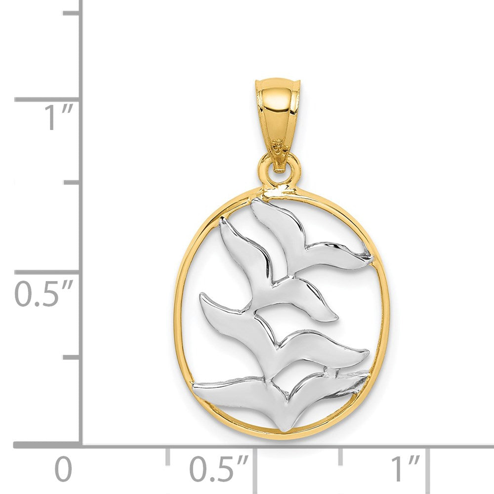 14K Gelbgold und Weißgold mit Rhodium-Beschichtung, Anhänger mit polierten Vögeln