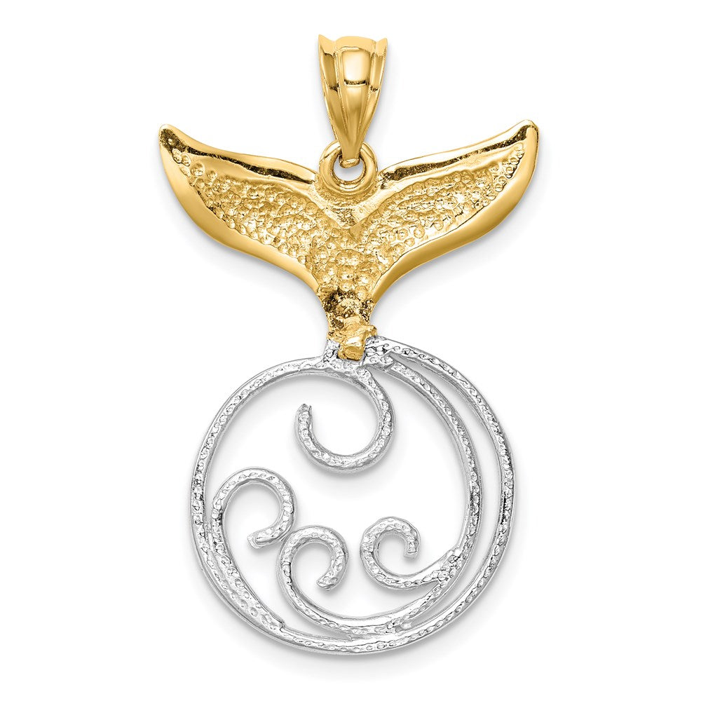 14K Bicolor Gold Diamantiert Poliert Wal Schwanz & Welle Anhänger