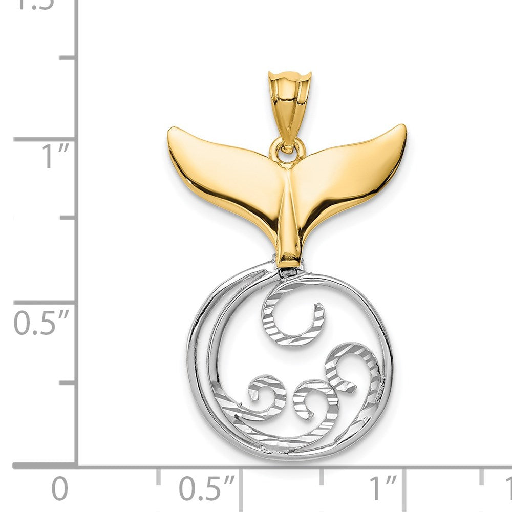 14K Bicolor Gold Diamantiert Poliert Wal Schwanz & Welle Anhänger