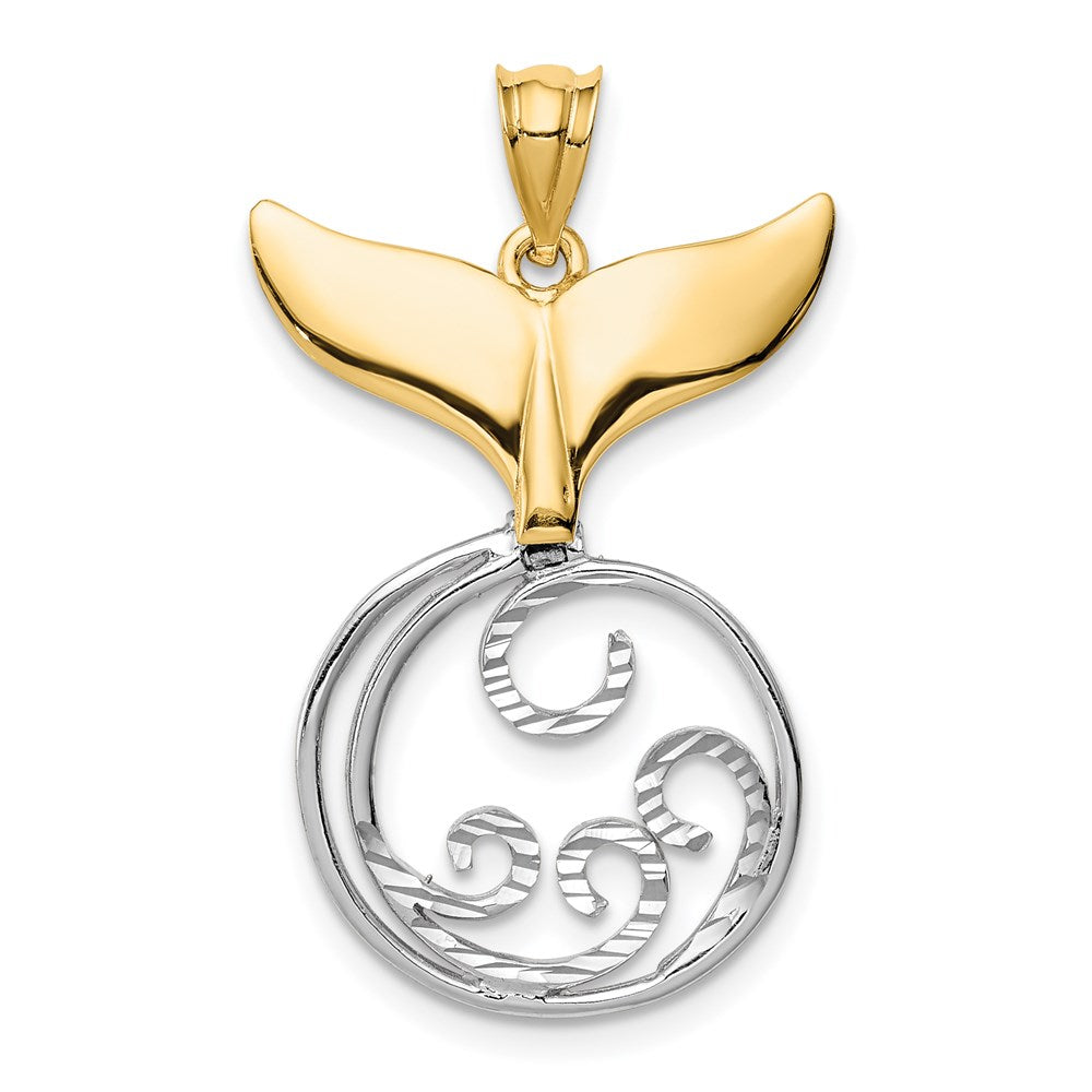 14K Bicolor Gold Diamantiert Poliert Wal Schwanz & Welle Anhänger