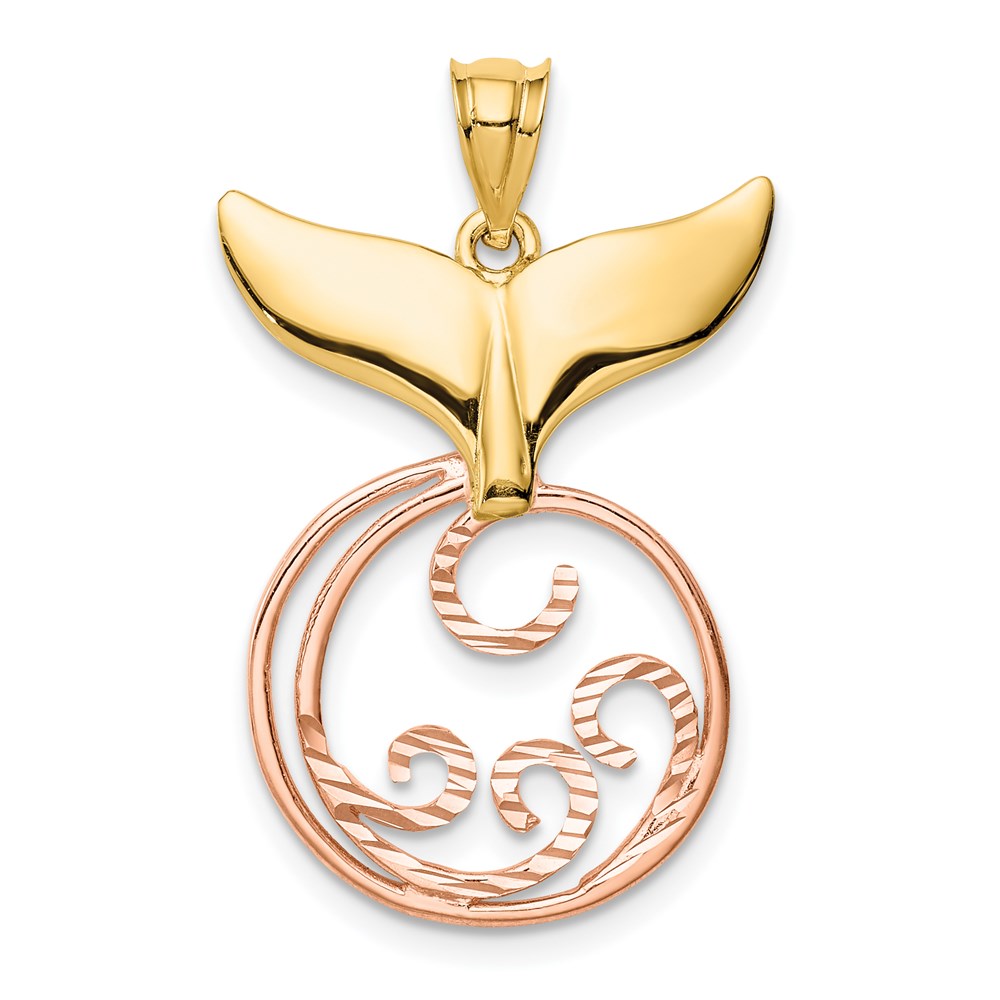 14K Bicolor Gold Anhänger „Walflosse & Welle“, diamantiert und poliert