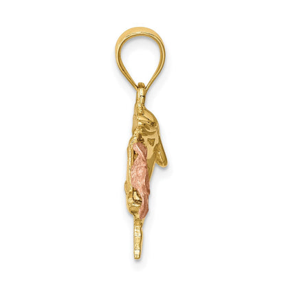 14K Bicolor-Gold Diamantierter Plumeria-Anhänger mit Delfin, Gebürstet/Poliert