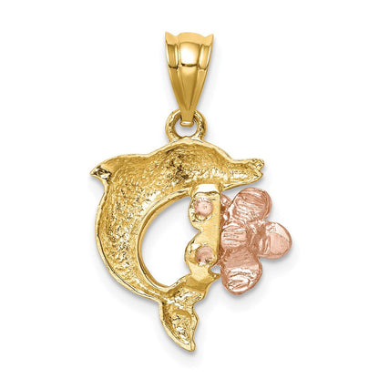 14K Bicolor-Gold Diamantierter Plumeria-Anhänger mit Delfin, Gebürstet/Poliert