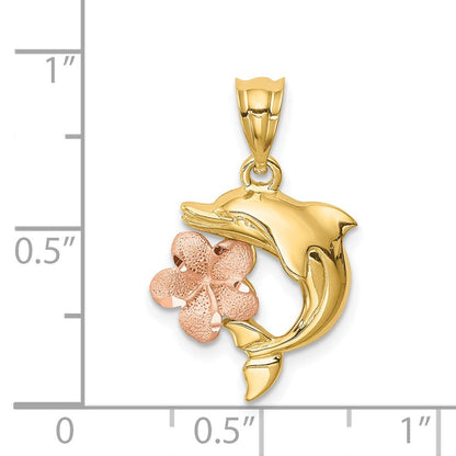 14K Bicolor-Gold Diamantierter Plumeria-Anhänger mit Delfin, Gebürstet/Poliert