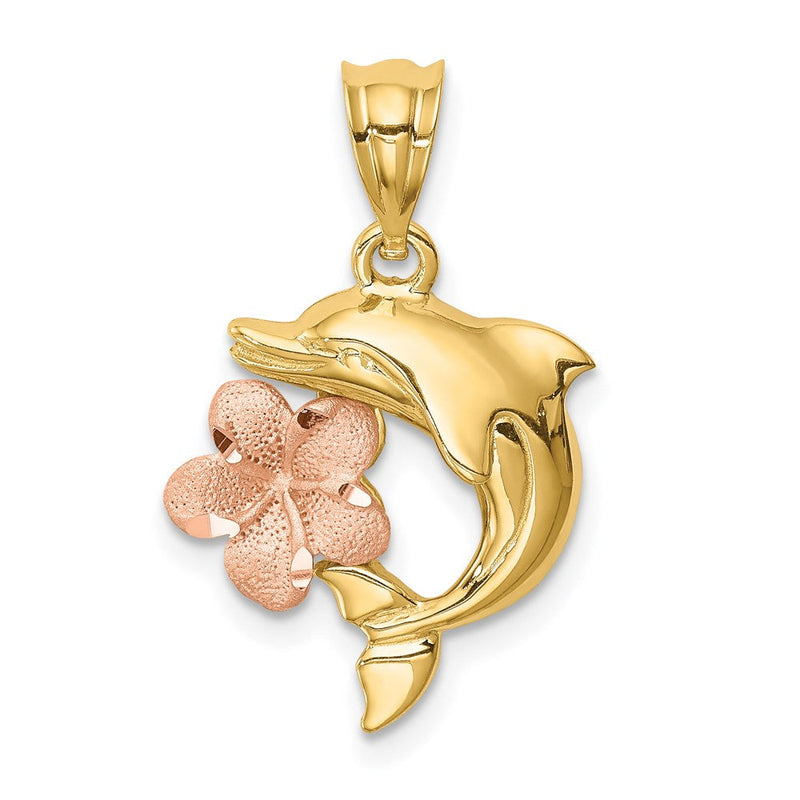 14K Bicolor-Gold Diamantierter Plumeria-Anhänger mit Delfin, Gebürstet/Poliert