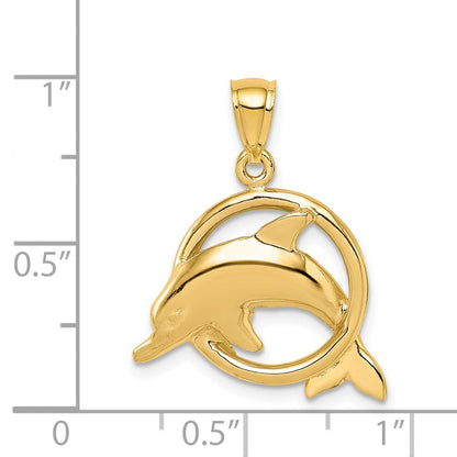 14K Gelbgold Polierter Delfin-in-Ring-Anhänger