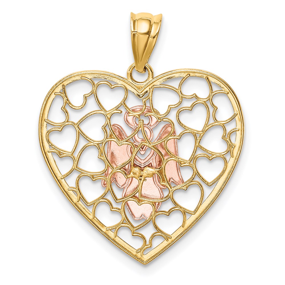 14K Bicolor Gold Weißrhodinierter D/C gebürsteter & polierter Engel-Herz-Anhänger