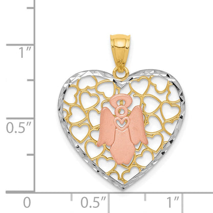 14K Bicolor Gold Weißrhodinierter D/C gebürsteter & polierter Engel-Herz-Anhänger