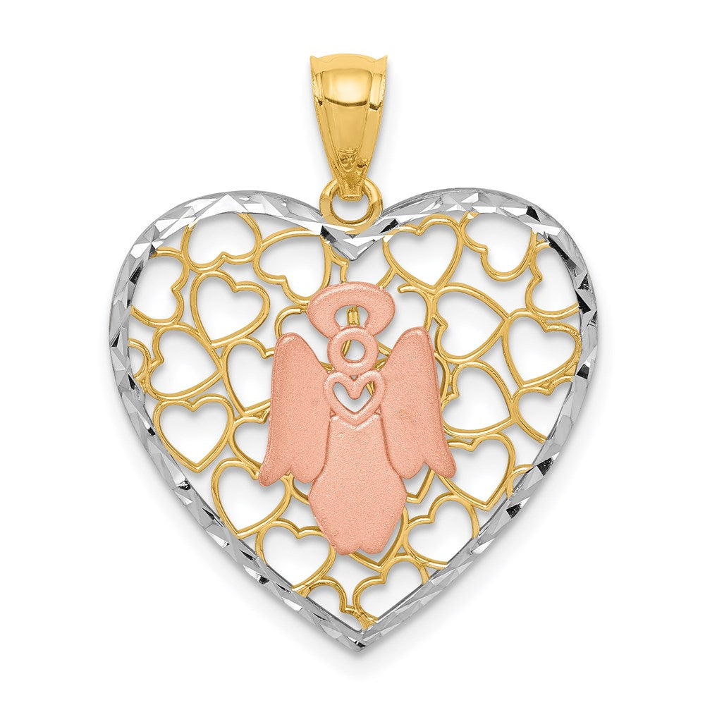 14K Bicolor Gold Weißrhodinierter D/C gebürsteter & polierter Engel-Herz-Anhänger