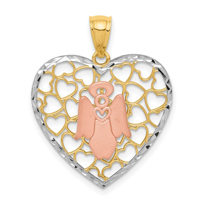 14K Bicolor Gold Weißrhodinierter D/C gebürsteter & polierter Engel-Herz-Anhänger