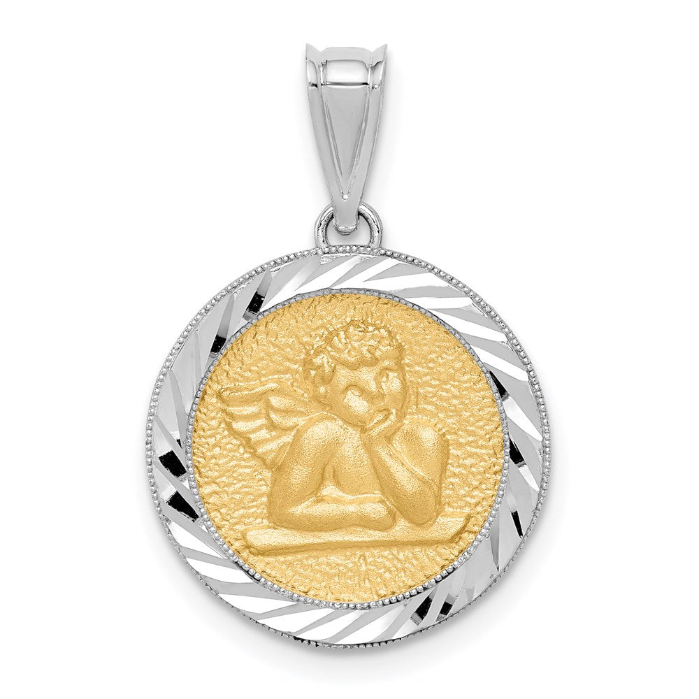 14K Bicolor-Gold polierter und diamantgeschliffener Engel-Anhänger mit Fassung