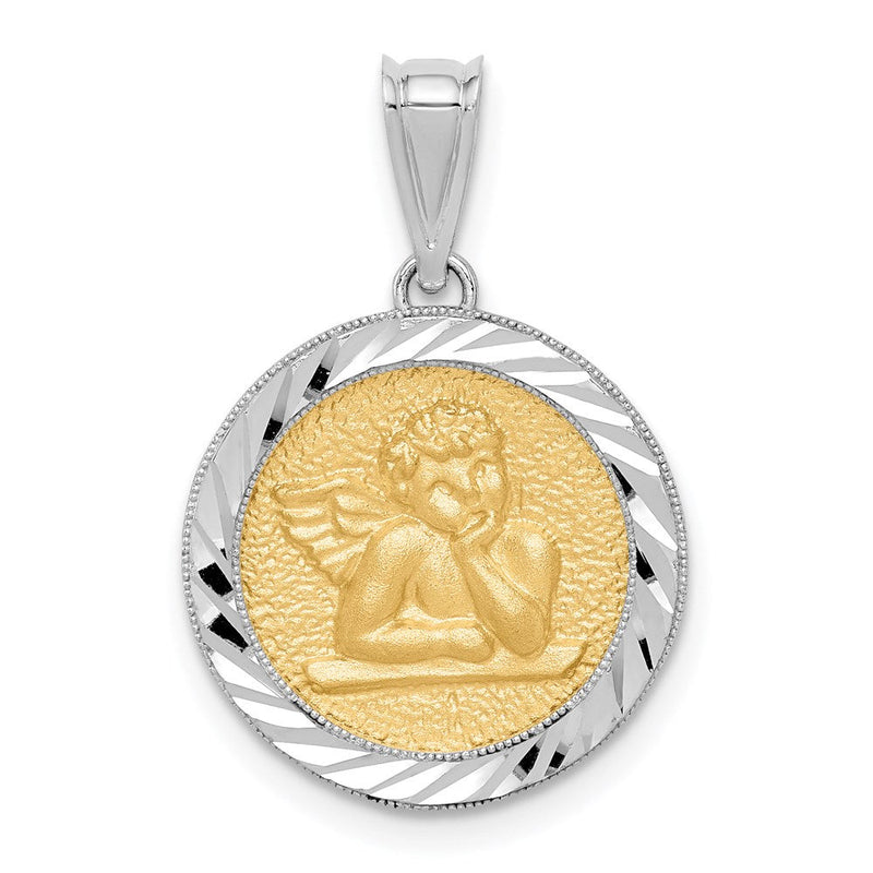14K Bicolor-Gold polierter und diamantgeschliffener Engel-Anhänger mit Fassung