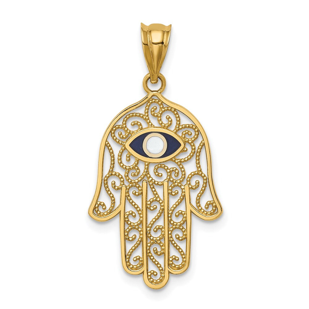 14K Gelbgold Hamsa-Anhänger, poliert und emailliert