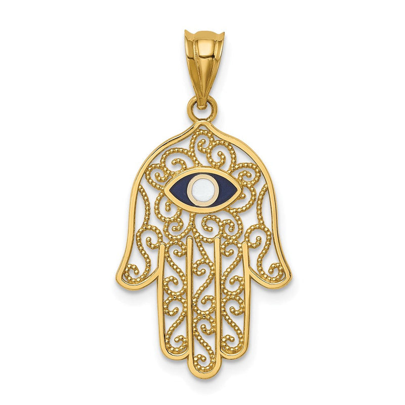 14K Gelbgold Hamsa-Anhänger, poliert und emailliert