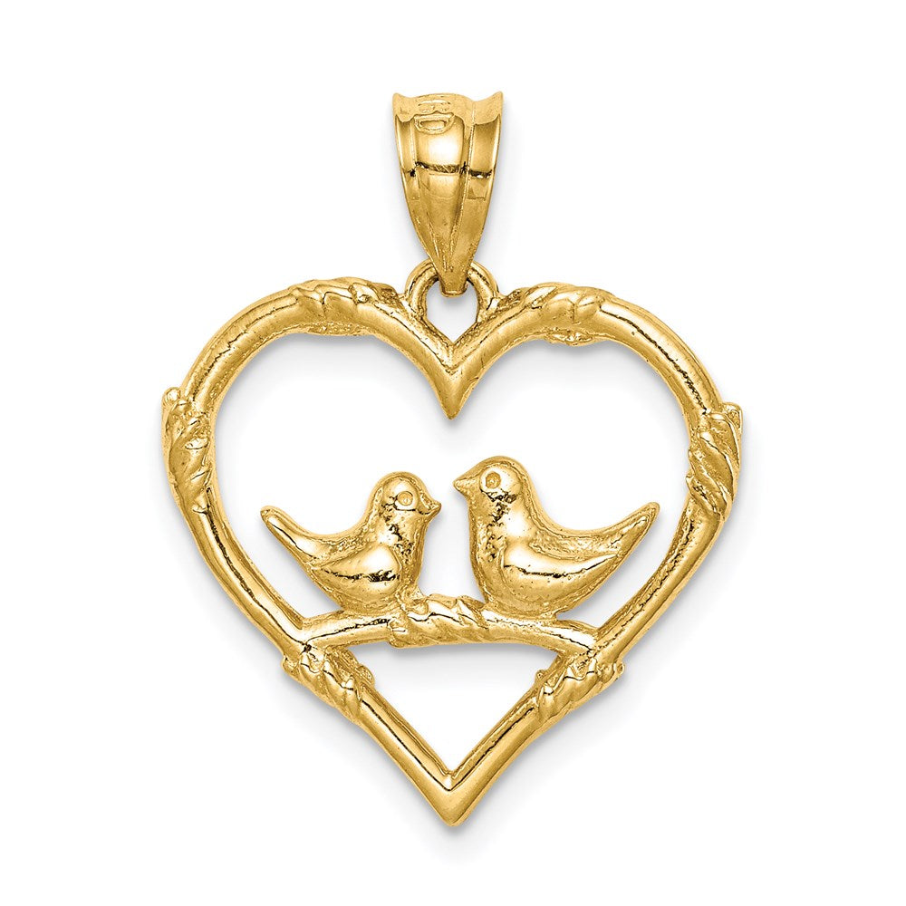 14K Gelbgold Polierter Liebesvögel-in-Herz-Anhänger