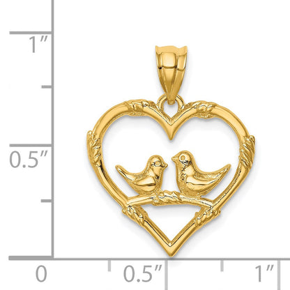 14K Gelbgold Polierter Liebesvögel-in-Herz-Anhänger