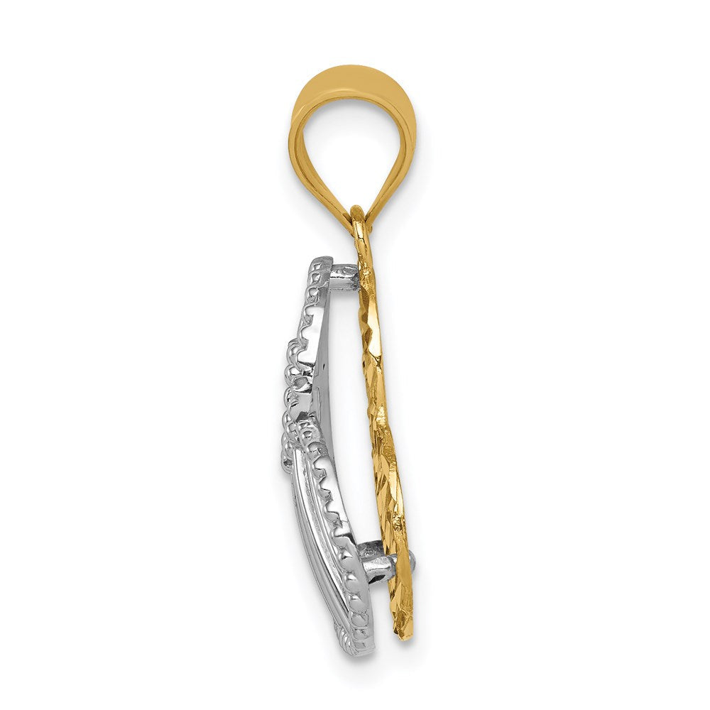 14K Bicolor Poliert und Diamantiert Hohl Herz Anhänger