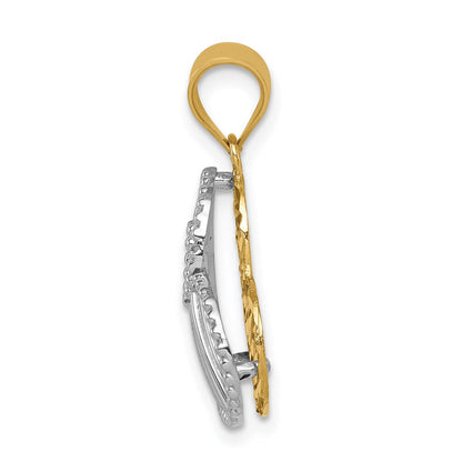 14K Bicolor Poliert und Diamantiert Hohl Herz Anhänger