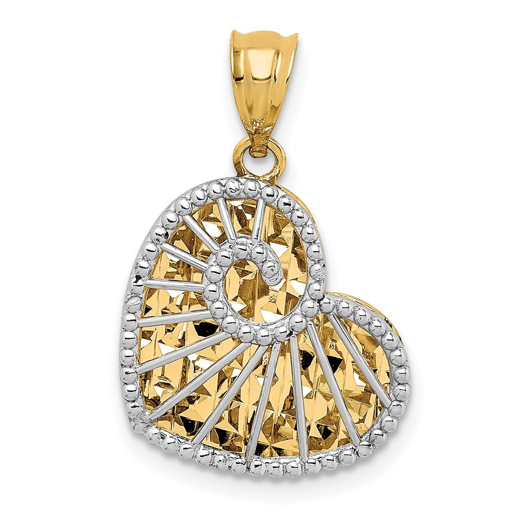 14K Bicolor Poliert und Diamantiert Hohl Herz Anhänger