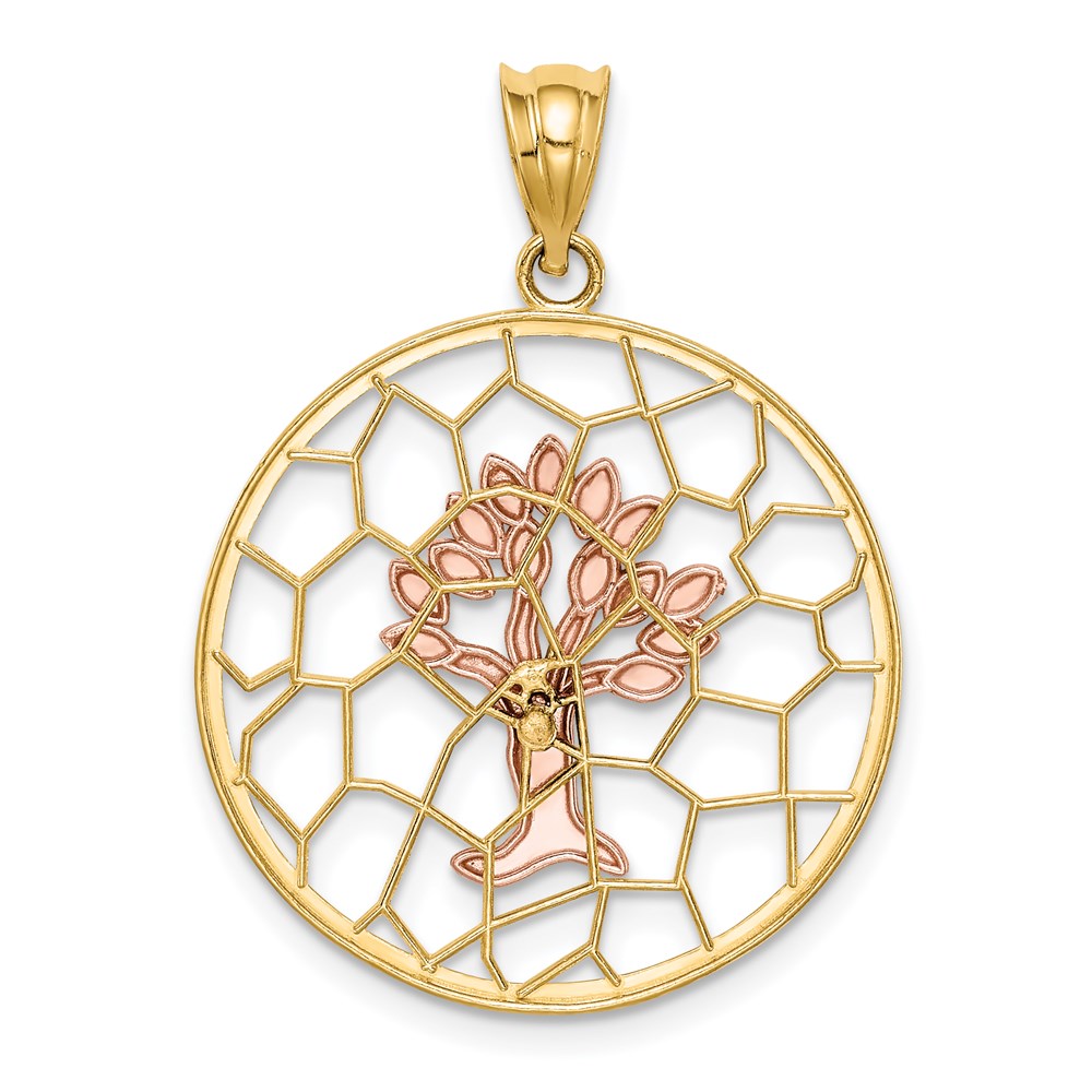 14K Bicolor-Gold gebürsteter und polierter Lebensbaum-Anhänger