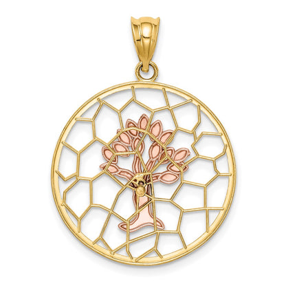 14K Bicolor-Gold gebürsteter und polierter Lebensbaum-Anhänger