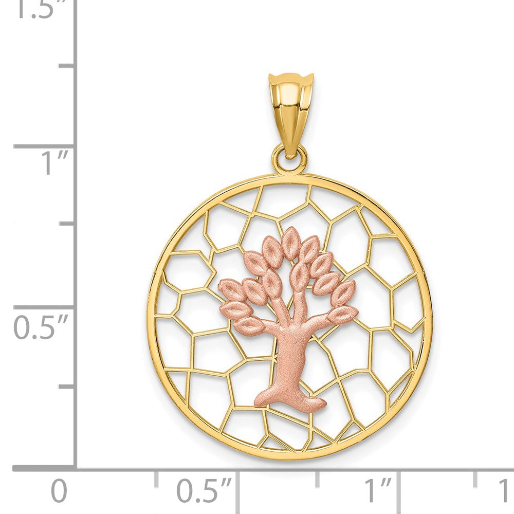 14K Bicolor-Gold gebürsteter und polierter Lebensbaum-Anhänger
