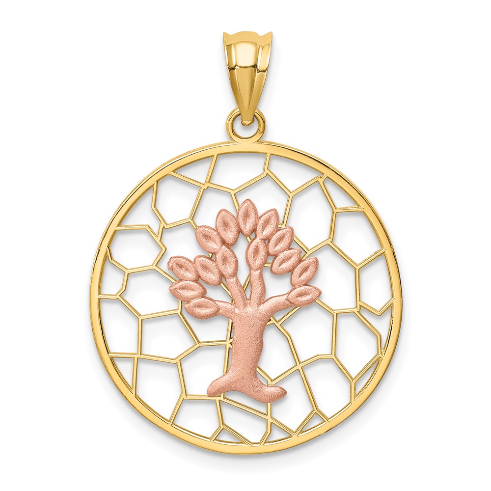 14K Bicolor-Gold gebürsteter und polierter Lebensbaum-Anhänger