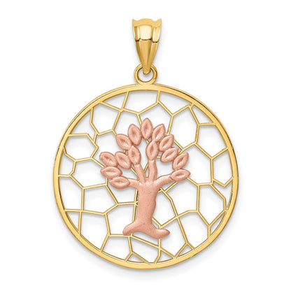 14K Bicolor-Gold gebürsteter und polierter Lebensbaum-Anhänger