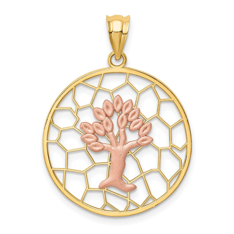 14K Bicolor-Gold gebürsteter und polierter Lebensbaum-Anhänger