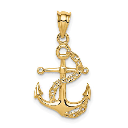 14K Gelbgold Poliert Anker & Kette Anhänger