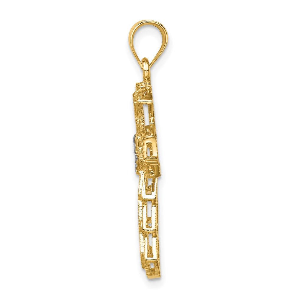 14K Gelb- und Rhodiumgold sowie Weißrhodium polierter und diamantierter Kreuz-Anhänger