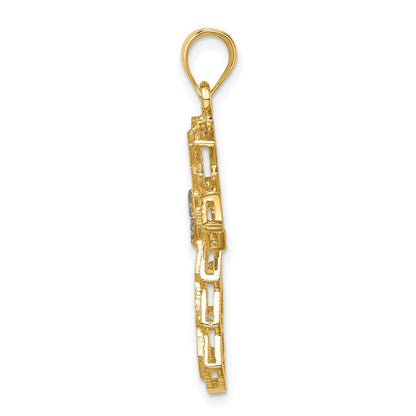 14K Gelb- und Rhodiumgold sowie Weißrhodium polierter und diamantierter Kreuz-Anhänger