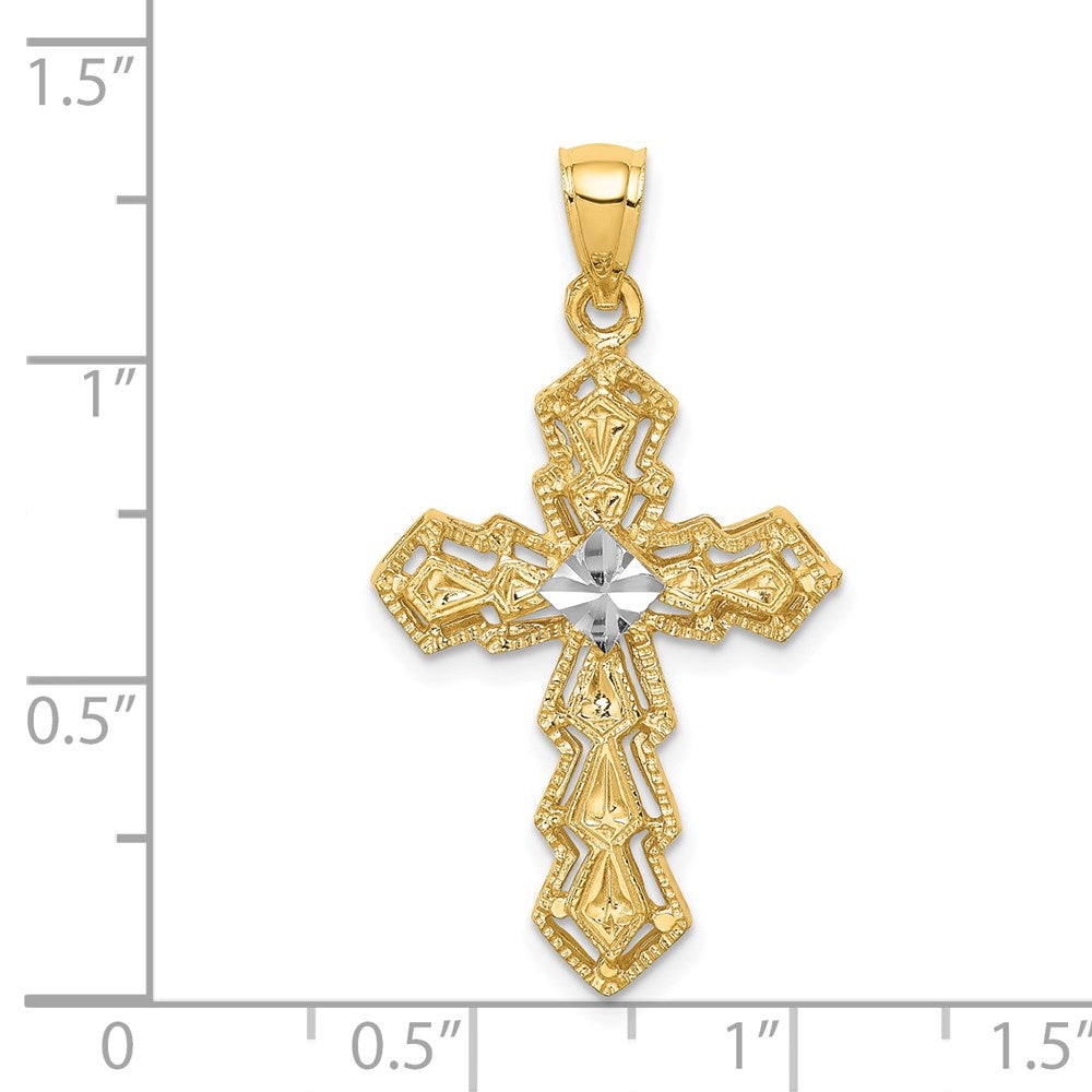 14K Gelb- und Rhodiumgold sowie Weißrhodium polierter und diamantierter Kreuz-Anhänger