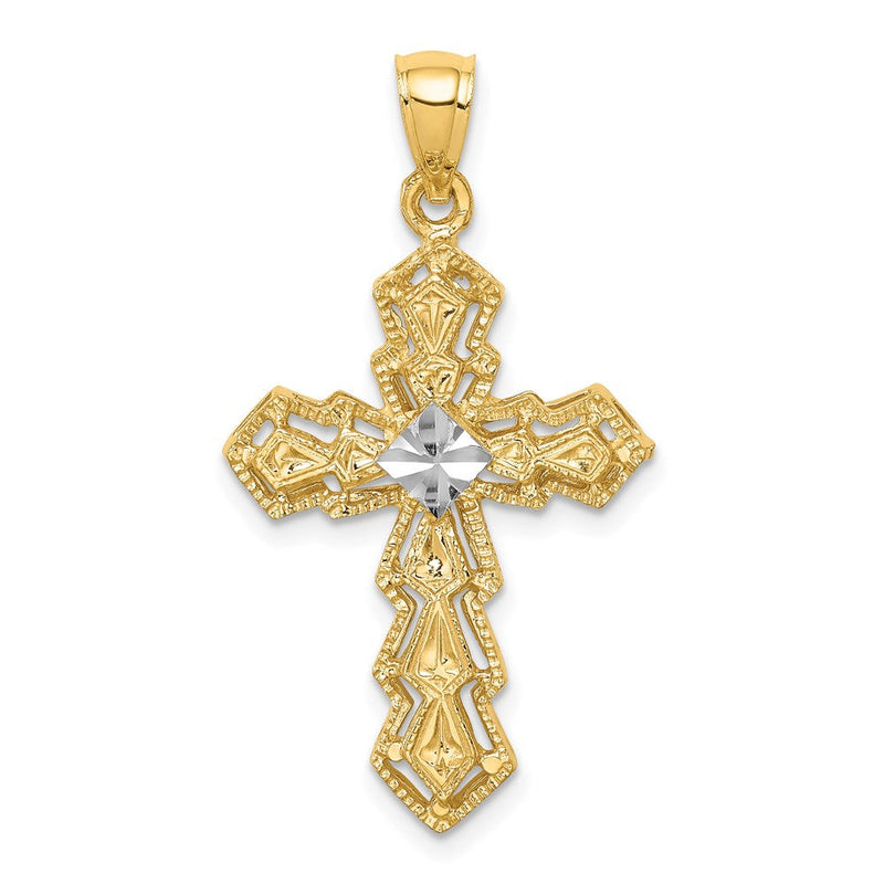 14K Gelb- und Rhodiumgold sowie Weißrhodium polierter und diamantierter Kreuz-Anhänger
