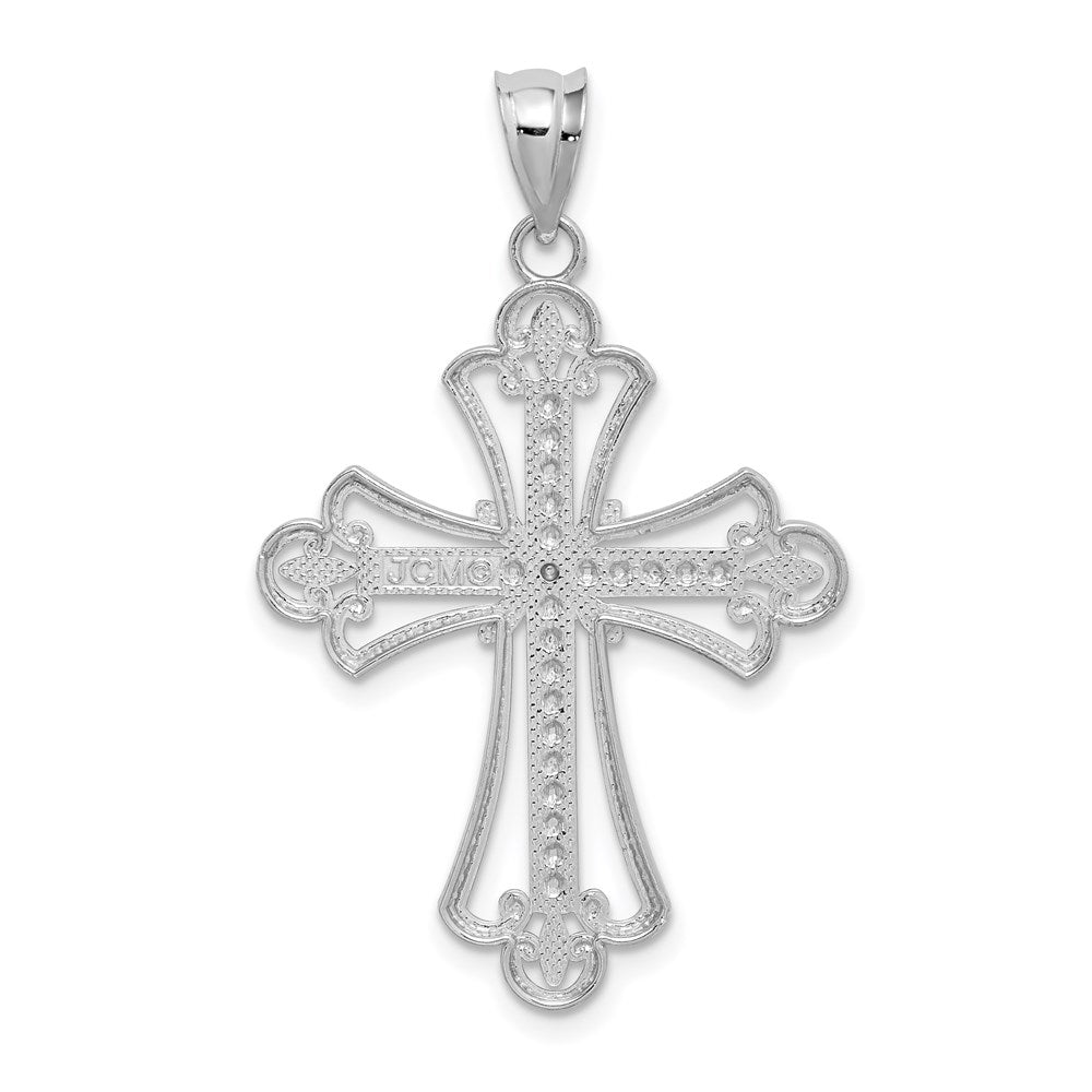 14 Karat Weißgold Diamantierter Kreuz-Anhänger mit weißer, polierter, texturierter Oberfläche