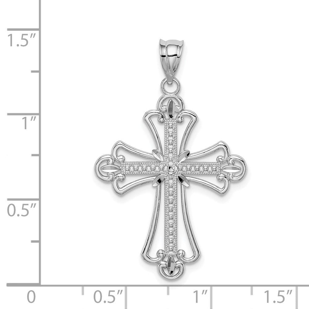14 Karat Weißgold Diamantierter Kreuz-Anhänger mit weißer, polierter, texturierter Oberfläche