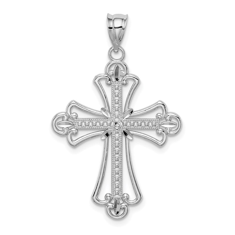 14 Karat Weißgold Diamantierter Kreuz-Anhänger mit weißer, polierter, texturierter Oberfläche