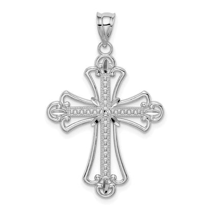 14 Karat Weißgold Diamantierter Kreuz-Anhänger mit weißer, polierter, texturierter Oberfläche