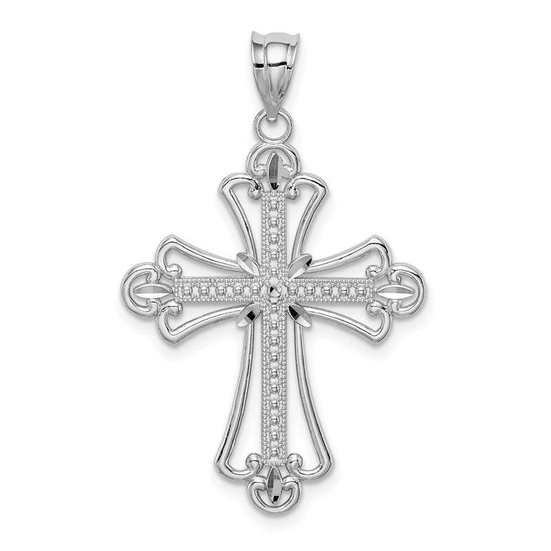 14 Karat Weißgold Diamantierter Kreuz-Anhänger mit weißer, polierter, texturierter Oberfläche