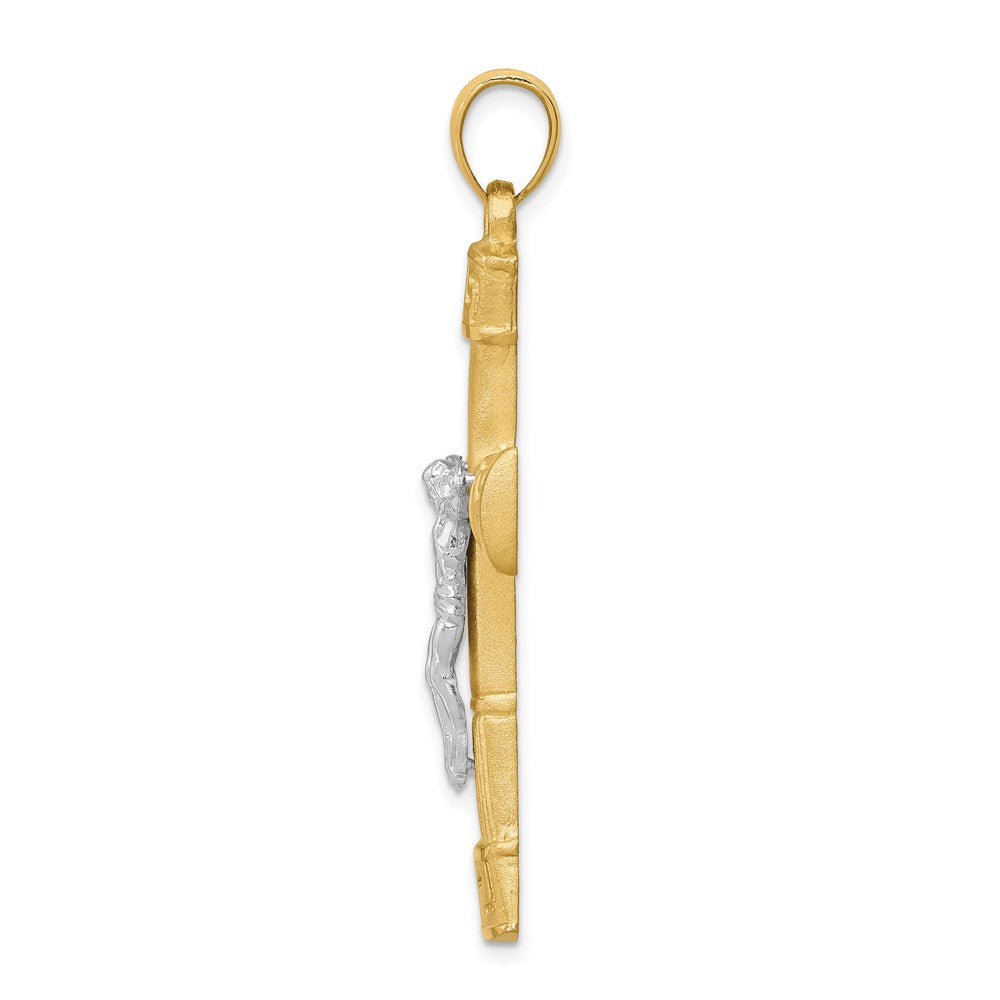 14K Bicolor Gold Gebürsteter und Polierter Kreuz-Anhänger mit Griechischem-Mäander-Muster
