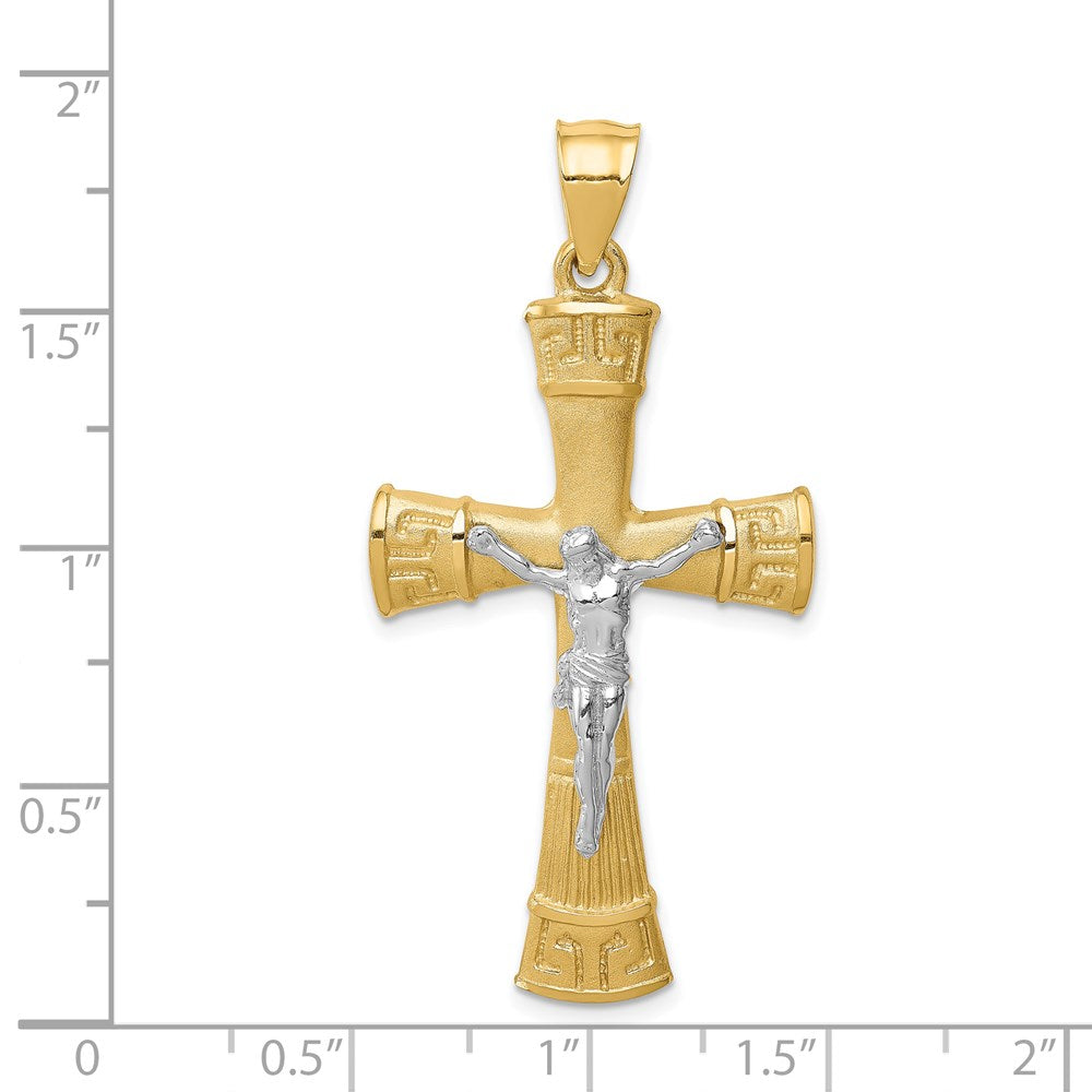 14K Bicolor Gold Gebürsteter und Polierter Kreuz-Anhänger mit Griechischem-Mäander-Muster