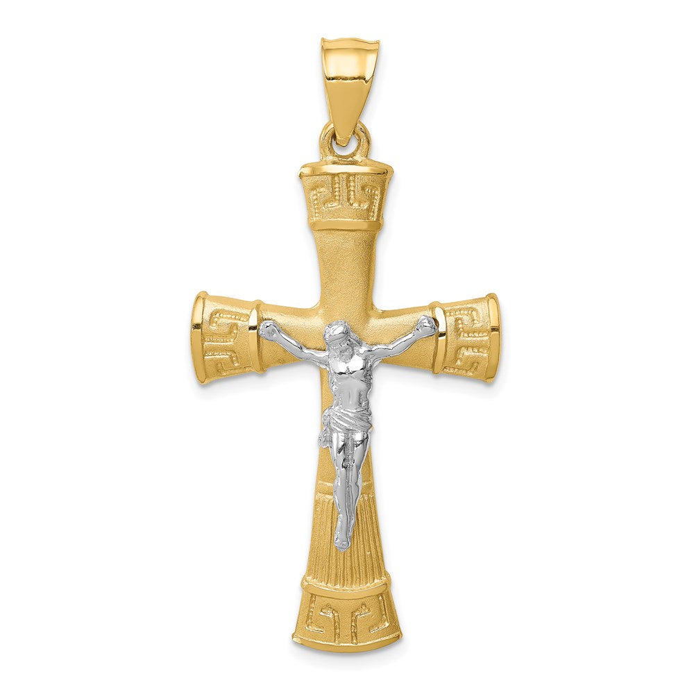 14K Bicolor Gold Gebürsteter und Polierter Kreuz-Anhänger mit Griechischem-Mäander-Muster