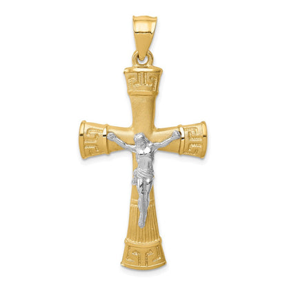 14K Bicolor Gold Gebürsteter und Polierter Kreuz-Anhänger mit Griechischem-Mäander-Muster