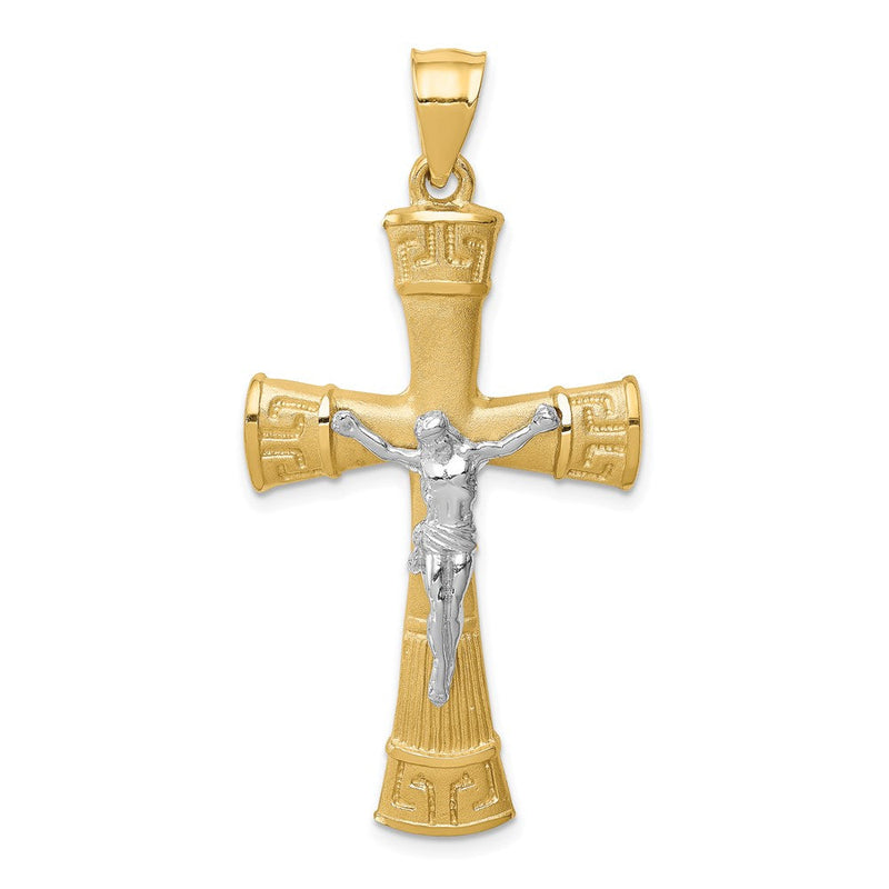 14K Bicolor Gold Gebürsteter und Polierter Kreuz-Anhänger mit Griechischem-Mäander-Muster