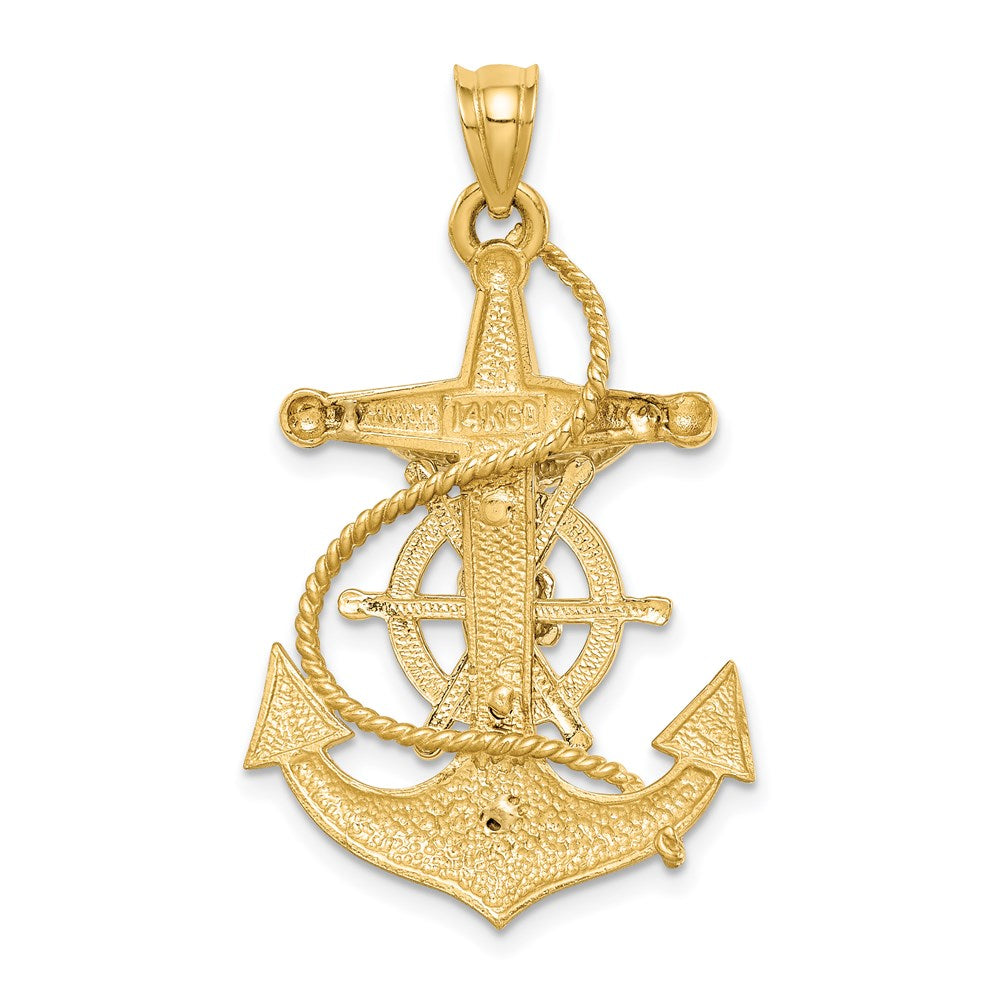 14K Bicolor Gold Polierter/Satinierter Diamantierter Mariner-Kreuz-Anhänger