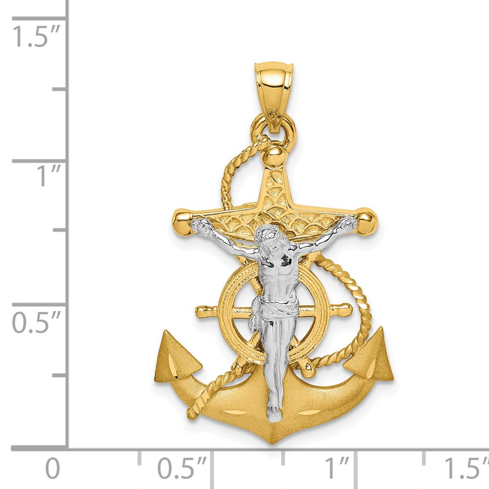 14K Bicolor Gold Polierter/Satinierter Diamantierter Mariner-Kreuz-Anhänger