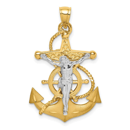 14K Bicolor Gold Polierter/Satinierter Diamantierter Mariner-Kreuz-Anhänger