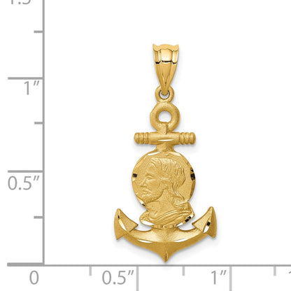 „14K Gelbgold Anhänger mit Jesuskopf, gebürstet und diamantiert, Anker-Design“
