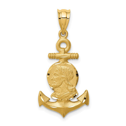 „14K Gelbgold Anhänger mit Jesuskopf, gebürstet und diamantiert, Anker-Design“
