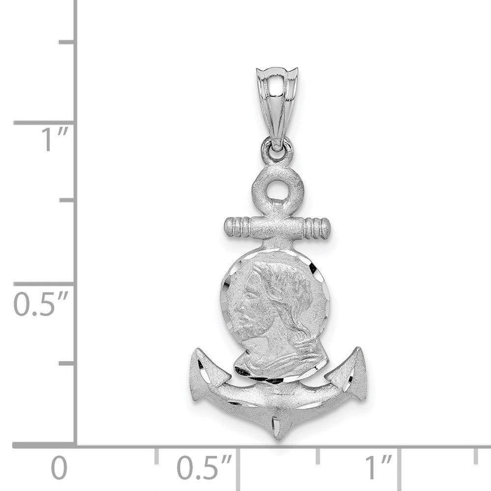 14K Weißgold Anhänger mit weiß gebürstetem Jesuskopf und diamantgeschliffenem Anker